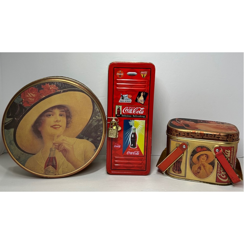 Coca Cola Collectible Tins Lot Round Locker Picnic Style Coke Memorabilia